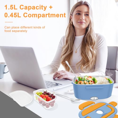 Image of HOLDRUBY Heated Lunch Boxes for Adults, 80W Electric Lunch Box Food Heated 12 /24 /110V 1.5L Heatable Lunch Box for Car /Truck Leak-Proof Removable Stainless Steel Container, Fork & Spoon, Bag