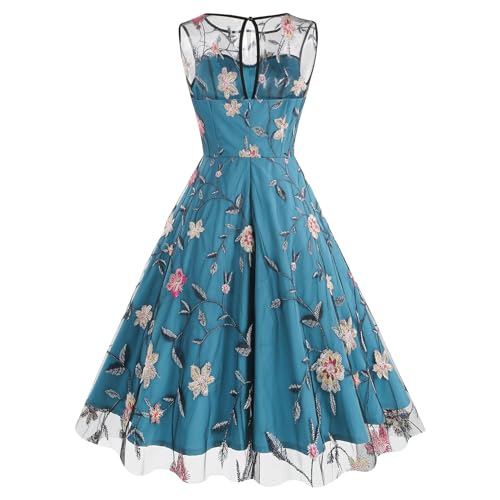 Image of Tulle Embroidery Floral Dress for Women Sleeveless Mesh Flower Embroidered Tulle Prom Dress Summer Wedding Tea Party Dress