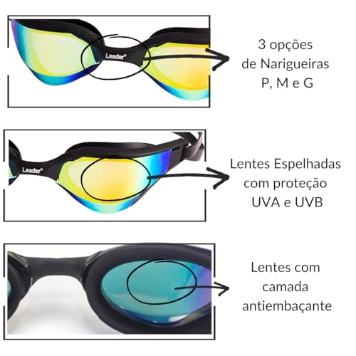 Óculos de Natação SPEED PRÓ (Preto) - Anti-embaçante, Proteção UV, Lentes espelhadas, Tira dupla em