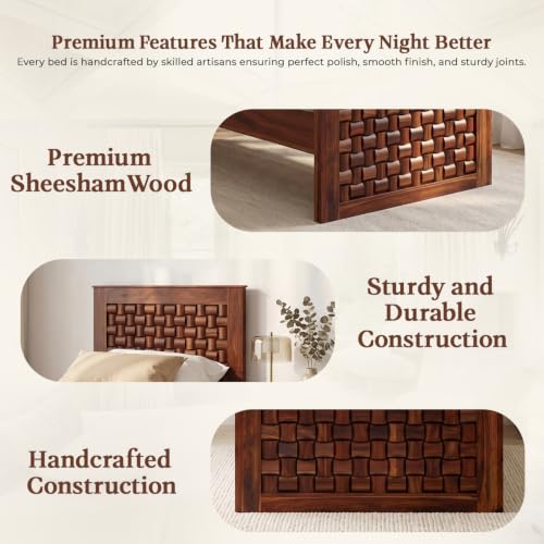 Image of WOODLAB Furniture Sheesham Wood Single Size Bed Without Storage and with Niwar Style Headboard | Wooden Single Cot Bed Palang for Home Living Room Bedroom and Hotel (Honey Finish)