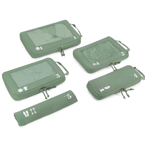 ECOHUB 5 Set Compression Packing Cubes for Suitcases, Travel Organizer Bags with Shoes Bag, Tear Resistant, Machine Washable, Green