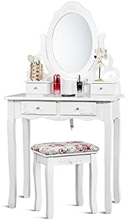 Giantex Vanity Dressing Table with Mirror and Stool, 360° Rotating Oval Makeup Mirror