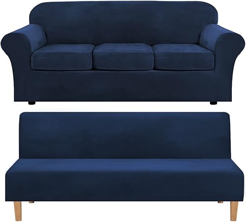 H.VERSAILTEX Funda de terciopelo de felpa de 4 piezas de alta elasticidad para sofá de 3 cojines, paquete de felpa de terciopelo real, 1 pieza,
