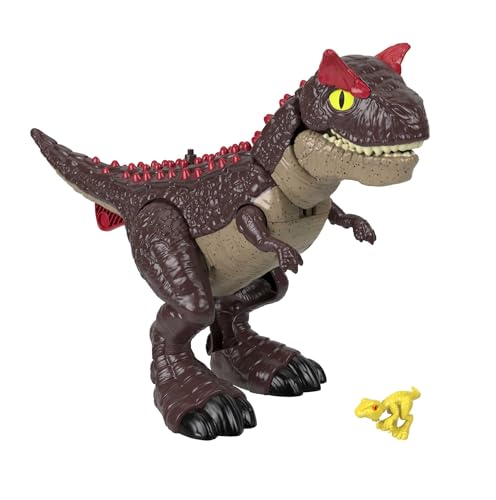 Fisher-Price Imaginext Jurassic World - Carnotauro Aculei Pungenti, dinosauro alto 28+ cm con cucciolo di velociraptor incluso e pulsante attivazione fauci, giocattolo per bambini, 3+ anni, HML42