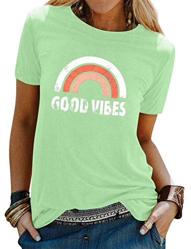 Dresswel Damen T-Shirt mit Nettes Regenbogen Muster Rundhals Kurzarm Oberteile Good Vibes Brief Drucken T-Shirts Hemd Tops Bluse (Green, S)