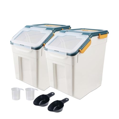 Qiveno 2 Pack Rice Storage Container with Measuring Cup 50 lb Flour Storage Container with Wheels BPA Free Food Storage Container Dog Cat Food Bin Set for Dry Food Sugar Cereal(Blue)