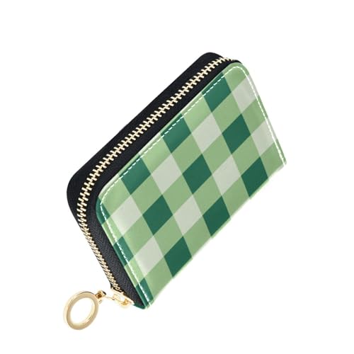 Women's Green Buffalo Plaid Credit Card Holder Wallet Leather Zipper Card Case for Ladies Girls 20300978