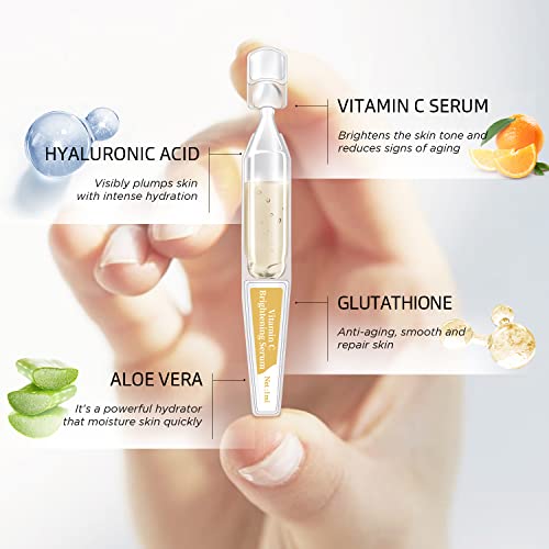 Bacheri Vitamin C Serum For Face With Hyaluronic Acid, Glutathione, Organic Aloe Vera, Hydrating & Brightening Serum, Dark Spot Remover, Anti Aging Facial Serum, 30 Ampoules #TOP4