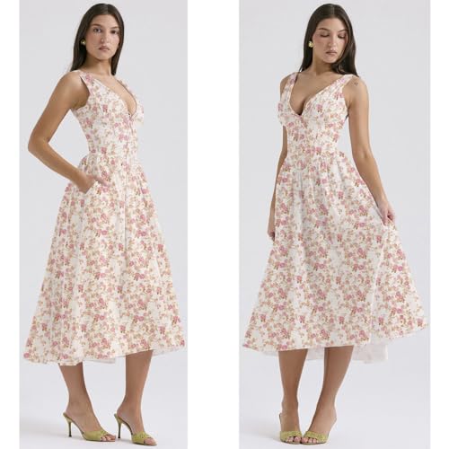 Emmelina Cotton Corset Sun Dress, Suspender Long Skirt V-Neck Floral Corset Dress,V-Neck Suspender Long Skirt4