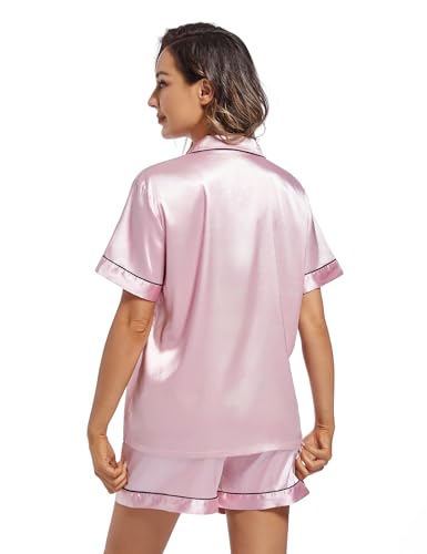 Image of Fivali Women Silk Satin Pajamas Set: Soft Short Sleeve 2 piece Pjs Ladies Button-down Pj Sets Silky Women's Sleepwear