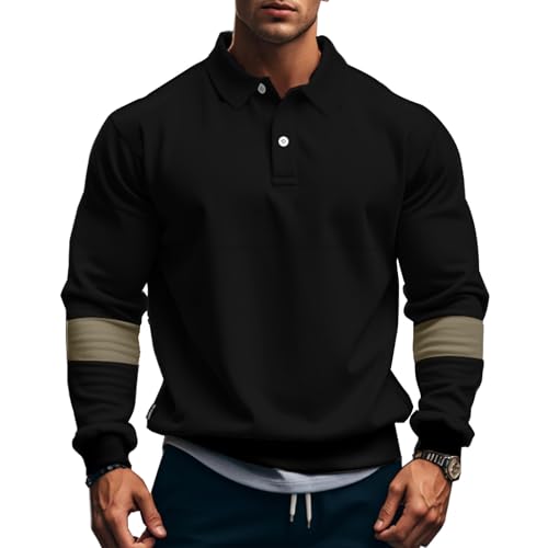 Mens Quarter Sweatshirt Casual Long Sleeve Polo Collar Quilted Sweatshirt Striped Button Pullover Shirts