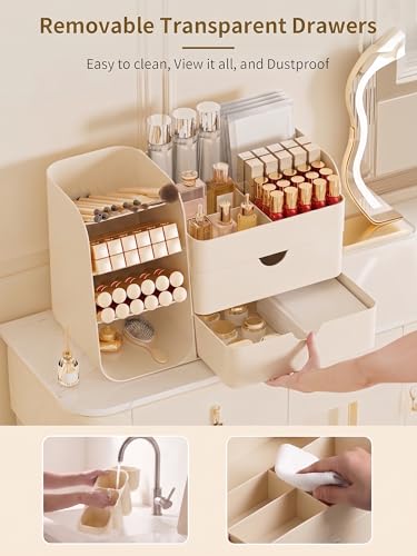 Image of Booklov Makeup Organizer for Vanity, Countertop Cosmetic Display Case with Drawer, Bathroom Counter Beauty Caddy, Comfyroom Table Storage Holder for Skincare, Brush Eyeliner Eyeshadow Lipsticks, Creem
