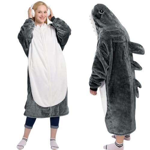 Waitu Shark Blanket Hoodie Onesie are Funny Gifts, dark grey, Adult