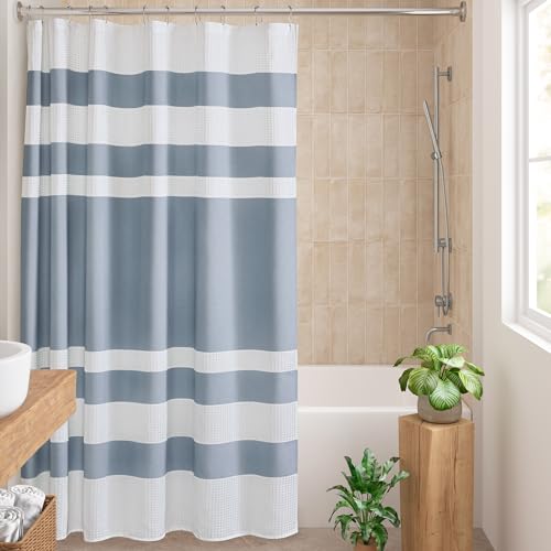 Madison Park Shower Curtain Waffle Weave Striped Pieced Design Fabric Shower Curtains for Bathroom with 3M Scotchgard Moisture Management Premium Spa Quality Modern Standard 72″x72″ Blue