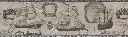 Sailboats Frigate Vintage Cracked Black And White Wallpaper Border Retro Design, Roll 15' X 7'' #TOP1