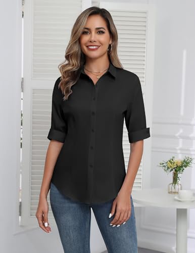 Zeagoo Womens Button Down Shirts 3/4 Sleeve Dress Blouses Business Casual Collared Oxford Tops2