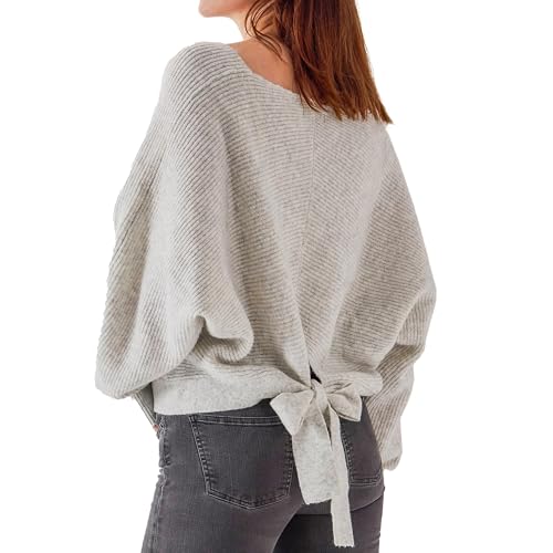 Simple&Opulence Women's Open Back Sweater with Bow Tie Long Sleeve V Neck Backless Drop Shoulder Knit Pullover Sweaters S-XL