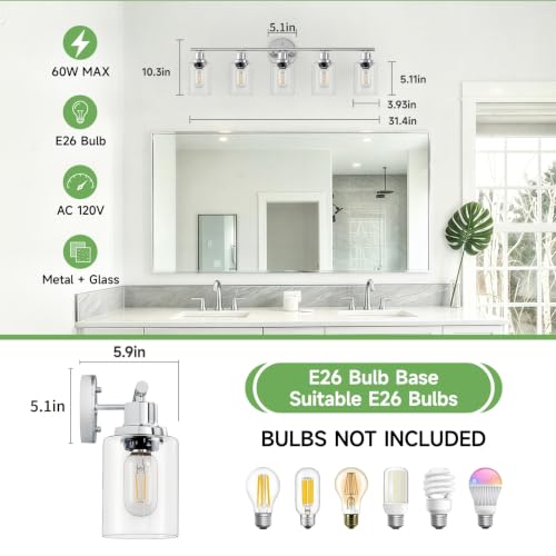 Image of 5-Light Bathroom Light Fixtures, Modern Chrome Vanity Lights for Bathroom with Clear Glass Shade, Wall Lamps for Mirror Hallway Kitchen Cabinet Living Room Sconces Lights