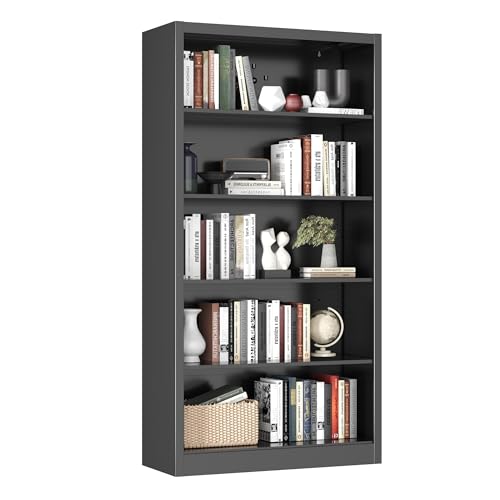 Image of 66 inch Tall Metal Bookcase, 5 Shelf Heavy Duty Bookcase with Adjustable Shelves, Large Book Storage Shelf for Living Room, Home Office, Library, Black