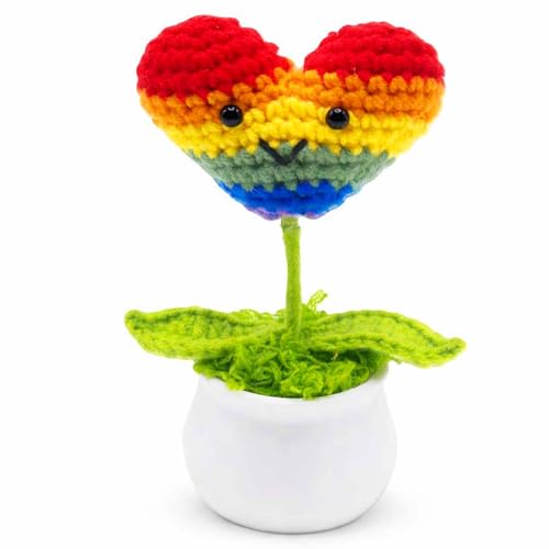 Handmade Crochet Rainbow Heart Potted Decor, Knitted Cute Desk Ornament for Home Office Room, Emotional Support Gift for Women, Friends, Coworkers, Birthday Valentines Day