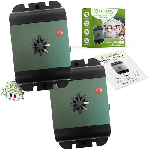 ISOTRONIC® Répulsif pour Oiseaux à Foudres et Ultrasons Répulsif Contre Les Pigeons Mouettes et Autres Animaux - sur Le Balcon Fenêtres pour Protection Arbre fruitier (2 piéces)
