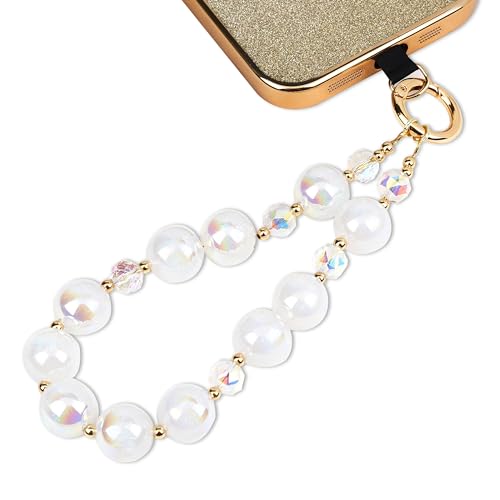 Correa de muñeca para teléfono celular pulsera de teléfono blanca de perlas