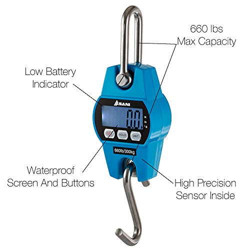 Asani Hanging Weight Scale | 660lb Digital Electronic Weighing Scale with Accurate Sensors | for Hunting, Outdoor, Bass Fishing, Big Game, Farm, Large Luggage, Patient Lift (Polycarbonate Blue) - Thumbnail 5