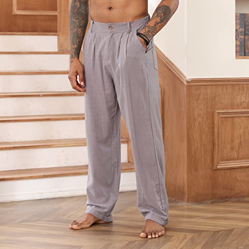 Mens Cotton Linen Pants Elastic Drawstring Waist Trouser Casual Loose Fit Yoga Beach Pants Grey #TOP1