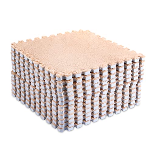 Interlocking Carpet Shaggy Soft EVA Foam Mats Fluffy Area Rugs Protective Floor Tiles Exercise Play Mat for Children Kids Room Home Parlor Bedroom (12 pcs, Khaki)