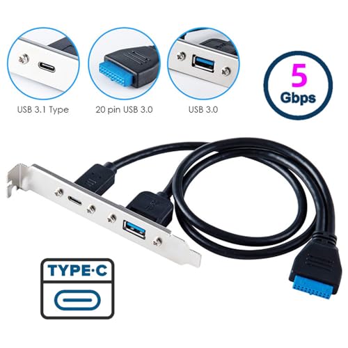 Image of Cablecc 5Gbps 19 /20Pin USB3.0 Motherboard to Dual Ports USB 3.0 & USB-C Type-C Female PCI-E Back Panel Cable 50cm