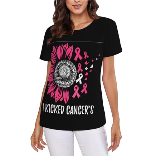 Image of I Kicked Cancer Pink Sunflower T-Shirt, Stylish Short-Sleeve T Shirts for Women