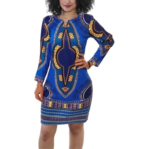 Sprifloral African Print Dresses for Women Long Sleeve Casual T Shirt Midi Dress Royal Blue XL Cover