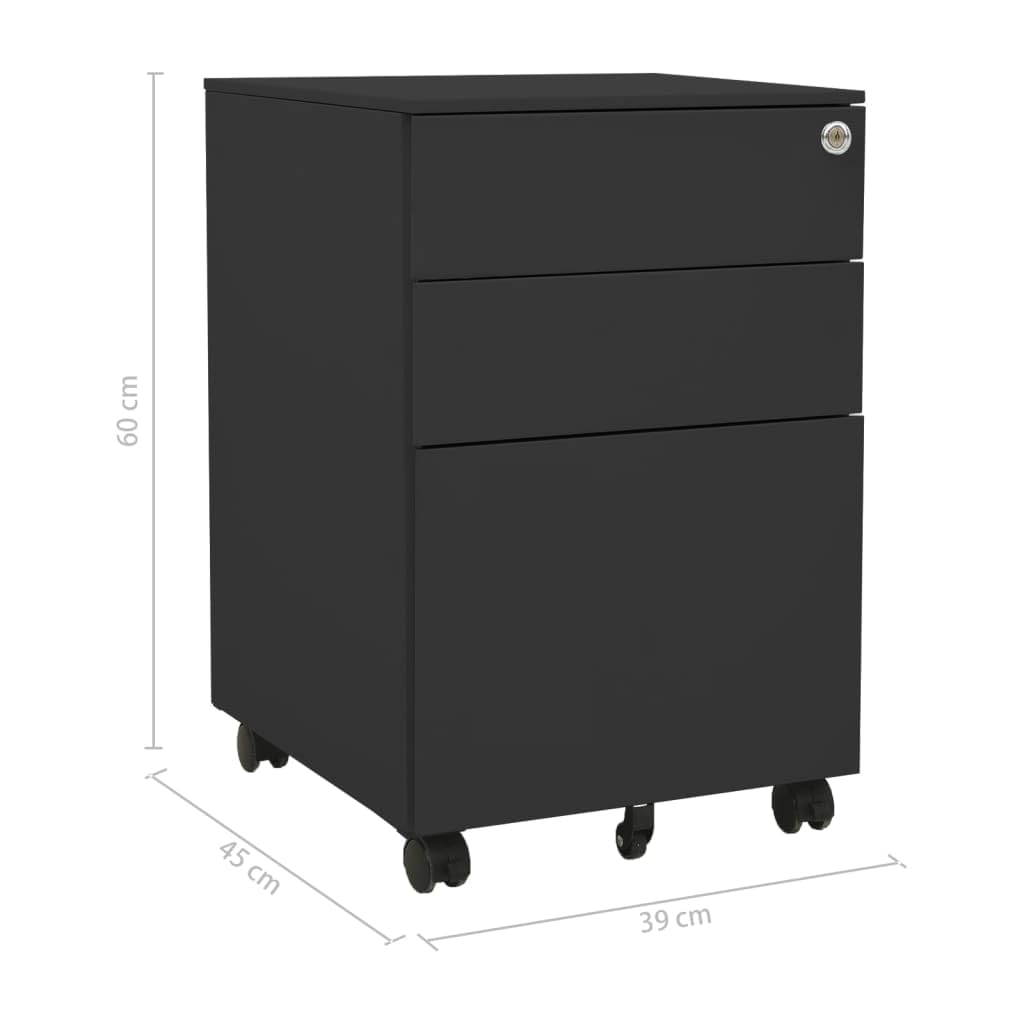 Armadietto da ufficio con ruote, in acciaio antracite, 39 x 45 x 60 cm, 3 cassetti con serrature e cartelle sospese per cartelle, documenti, ufficio, casa
