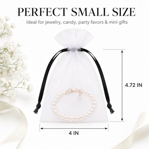 Image of Hopttreely 100PCS White Organza Bags with Black Drawstring, 4x4.72 Inch Small Gift Bags for Jewelry Candy Goodie Treat Sachet, Mesh Gift Bag Drawstring for Wedding Graduation Baby Shower Party Favors, Gifts Wrapping Supplies