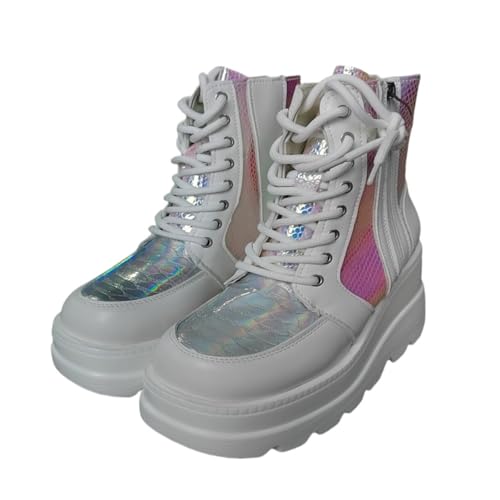 Women's Round Toe Lace-Up Chunky Platform Boots Zip High Heel Combat Wedge Ankle Boots Waterproof Motorcycle Boots4