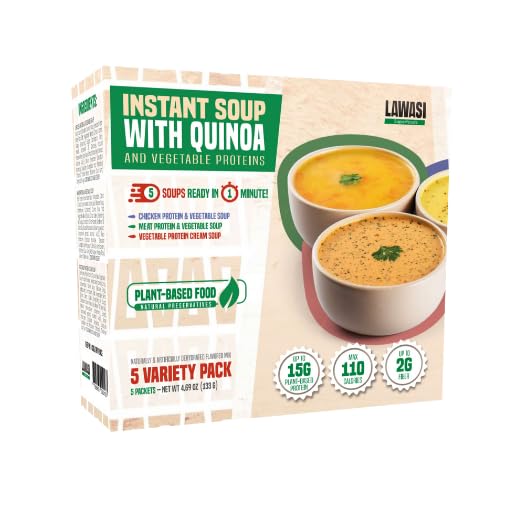Lawasi Instant Healthy Soup – Quinoa & Vegetable Protein – 5 Packets, 3 Flavors – 15g Protein, 2g Fiber, 100 Calories – Non-GMO, Gluten-Free – Ready to Eat Superfood Meal