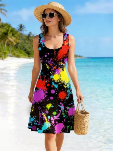 Image of uideazone Women Funny Print Sleeveless U Neck A Line Casual Midi Dress