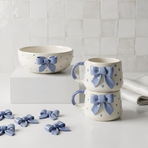Image of SNS Blue Bow Ceramic Serving Bowl Set (Set of 2) | Cute Pinterest Style Kitchen Bowl | Aesthetic Snack, Salad, Cereal, Dessert & Soup Bowl | Premium Kitchen & Breakfast Bowl (Lumi Blue Bow Bowl)