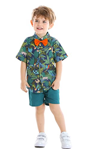 Image of Toddler Baby Boy Summer Clothes Set Floral Shirt Bow-tie Shorts Hawaiian Outfit
