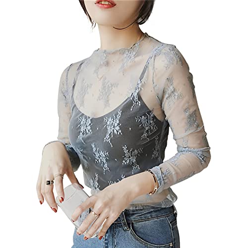 [Pneito] シアー トップス ハイネック レディース シースルー トップス レース 透け感 重ね着 伸縮性 シアーシャツ 長袖 柔らかい 薄手 花柄 可愛い 春夏秋冬(L, グレー)