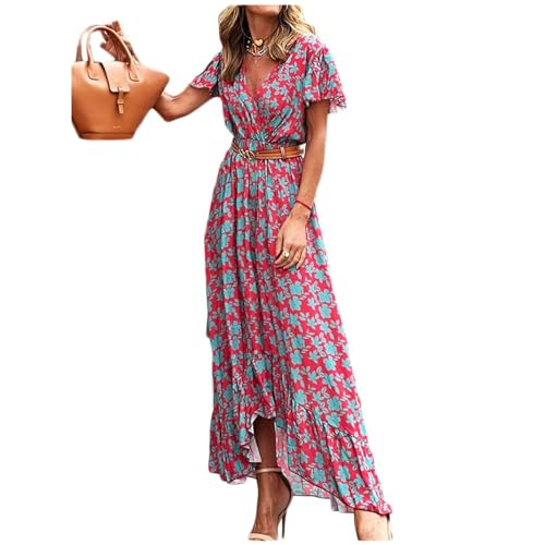 FQFGGYD Women's Flowy Wedding Guest Dress Casual Summer Dresses for Women Boho Dress Print V-Neck Beach Sundress Floral Dress Red