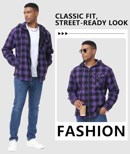 Image of V VALANCH Men's Sherpa Lined Flannel Jacket with Hood - Zip Up Plaid Shirt Jacket Winter Outdoor Warm Outerwear Fleece Coat