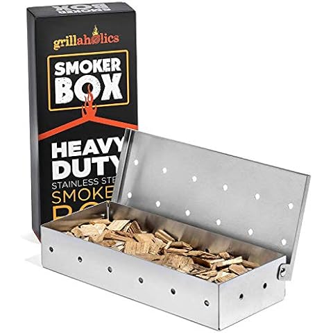 Grillaholics Smoker Box, Top Meat Smokers Box in Barbecue Grilling Accessories, Add Smokey BBQ Flavor on Gas Grill or Charcoal Grills with This Stainless Steel Wood Chip Smoker Box Cover