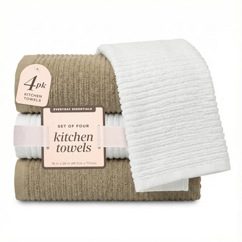 Image of Kitchen Hand Towels Set of 4 Cotton Ribbed Taupe and White Hand Towels, 18 x 28 Super Absorbent Drying Cloth Kitchen Linens