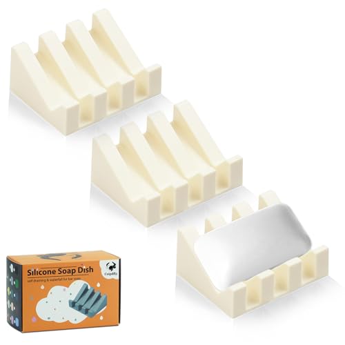 Coipdfty Self Draining Soap Dish Holder,Silicone Soap Dish,for Bathroom,Kitchen, Sponges，Can Extend Soap Life，Keep Soap Bars Dry and Easy Cleaning (Cream White,3-Pack)