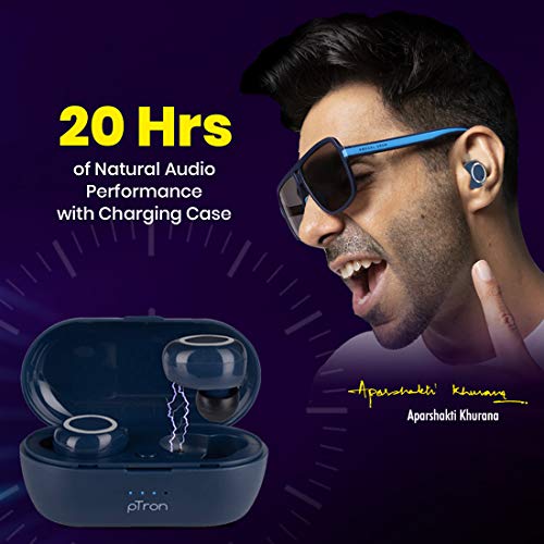 Image of PTron Bassbuds in-Ear True Wireless Bluetooth 5.0 Headphones with Hi-Fi Deep Bass, 20Hrs Playtime with Case, Ergonomic Sweatproof Earbuds, Noise Isolation, Voice Assistance & Built-in Mic - (Blue)