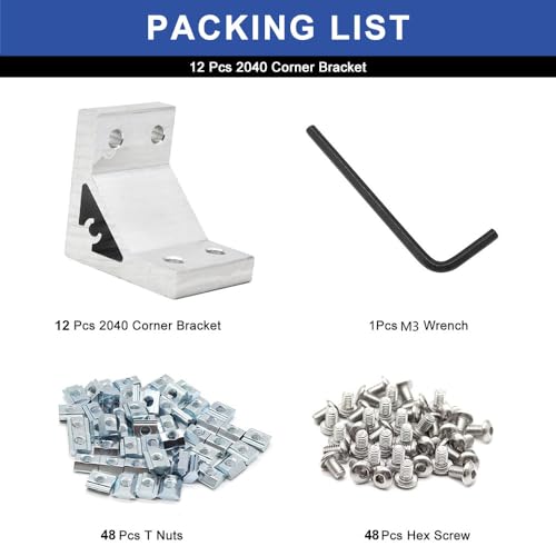 Image of 12pcs 2040 Corner Bracket Angle 2040 Aluminum Extrusion Hardware T-Slot Accessories V-Slotted with T Nuts and Screws for 2040 Aluminum Profile 3D Printer Frame Parts Silver