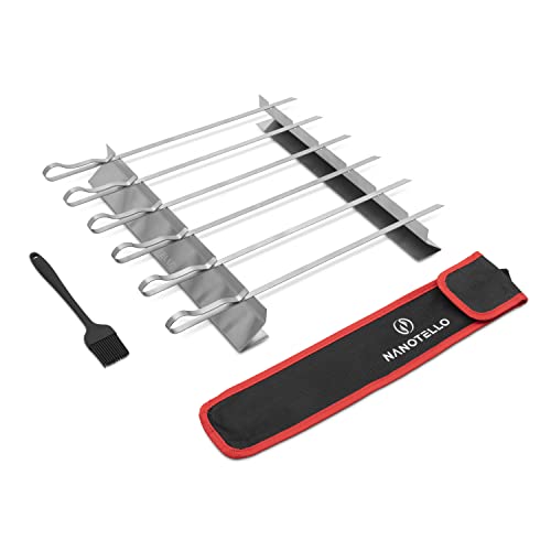 NANOTELLO Kabob Skewers Rack - 6 Stainless Steel skewers with Holder for BBQ and Grill - Metal skewers Complete with Storage Bag and Silicone Brush