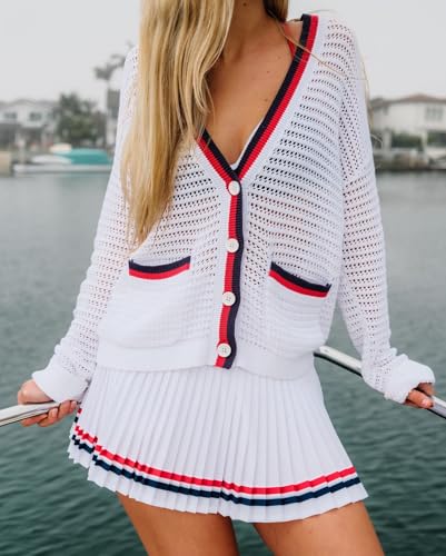 Image of Women's Crochet Cardigan Sweater Color Blocking Hollow Out Long Sleeve Button Down Loose Fit Cardigan White