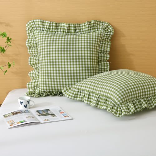 Silnuo Olive Green/White Gingham Plaid Ruffle Throw Pillow Covers 24"x24"